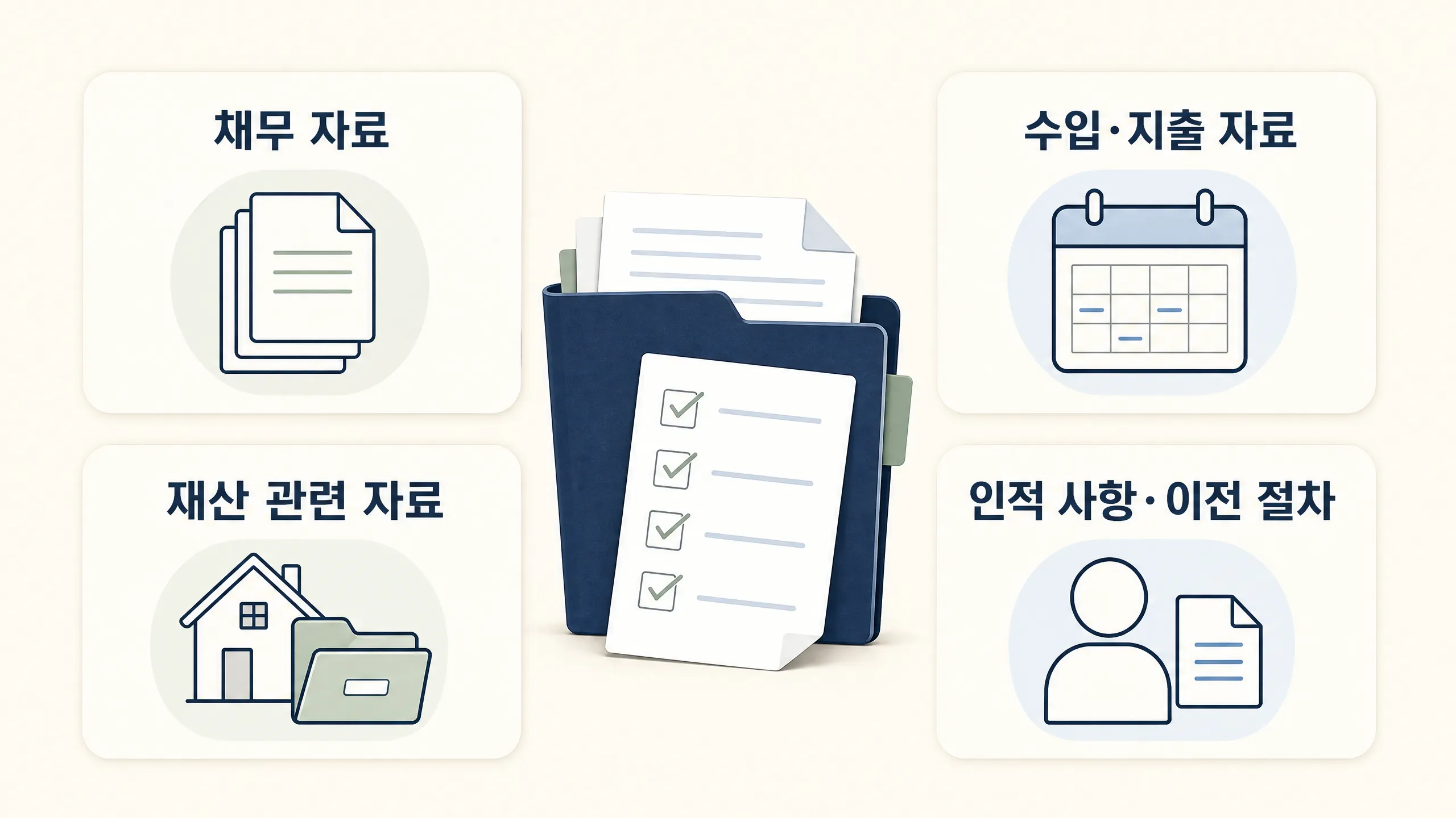 개인회생 필요서류를 범주별로 정리하는 문서 카드와 체크 표시, 파일 폴더를 표현한 정보성 일러스트